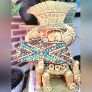 Teal & Gold Beaded Clutch with Two Chain Handle Lengths